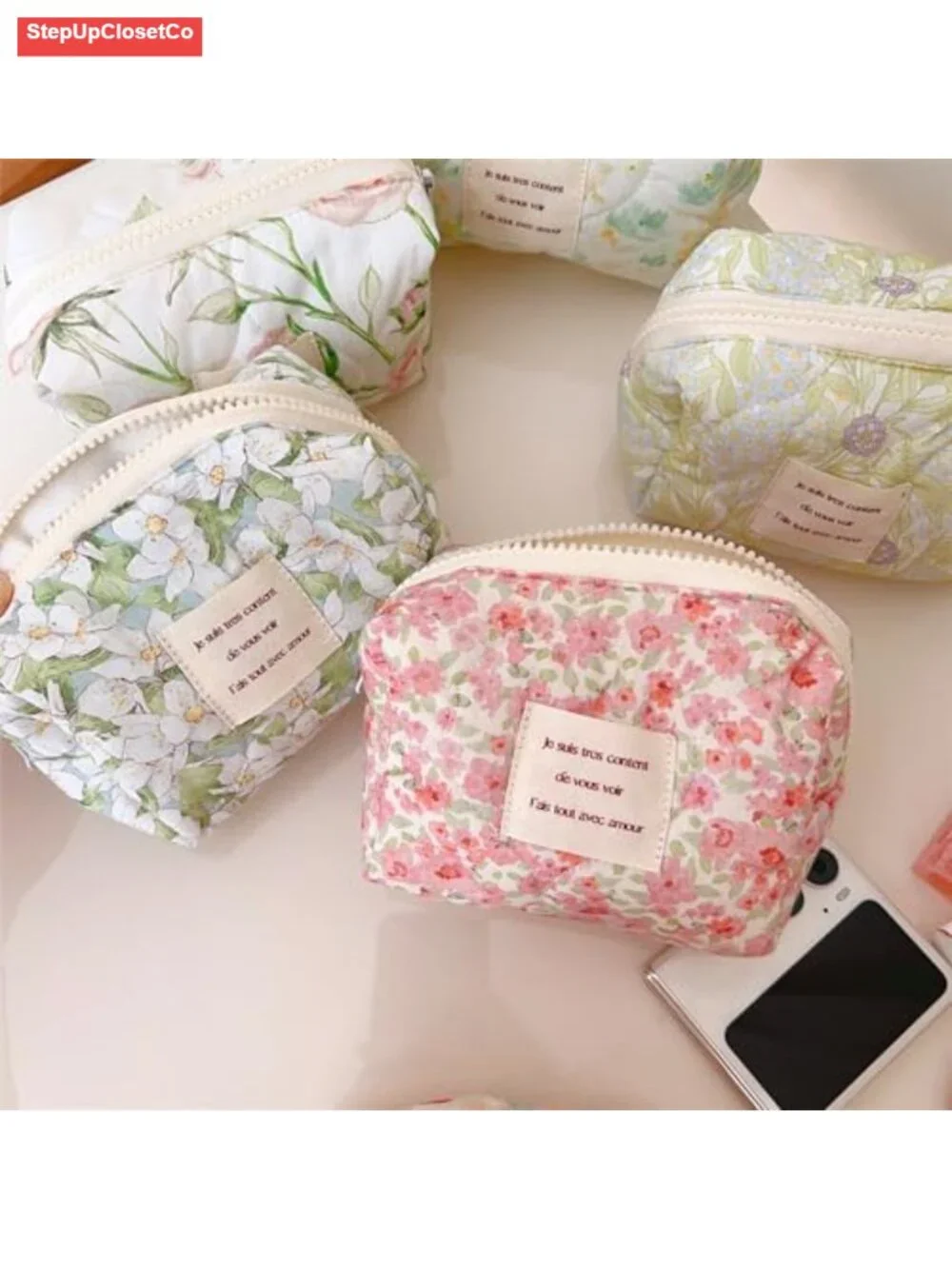 Quilted Cotton Floral Makeup Bag with Zipper, Small Travel Toiletry Organizer,